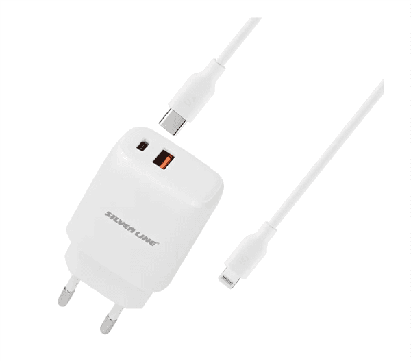 מטען קיר מהיר 20W PD עם כבל Lightning ל-Type-C - Silver Line